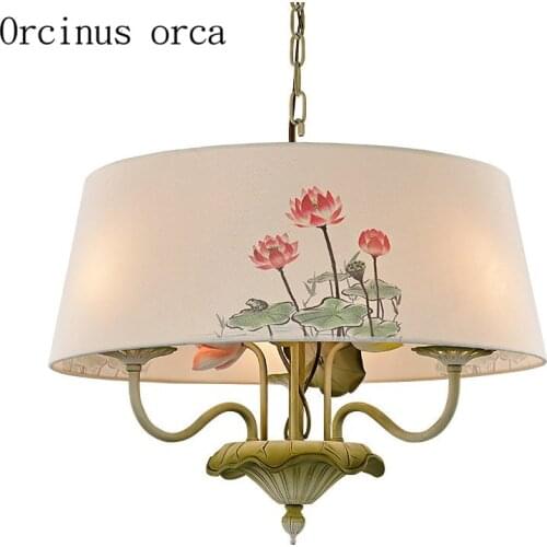 New Chinese lotus chandelier teahouse living room dining room Japanese style round lotus fabric pendant lamp free shipping
