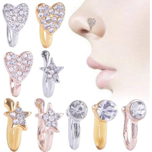 New Glitter Clip-On Fake Nose Ring Clamp NonPiercing Crystal Hanger Hoop Jewelry Gold Heart Shap Body Clip Rings Body Jewelry