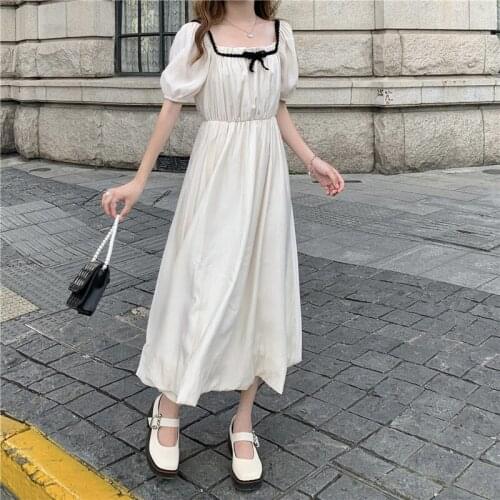 Dress French Style Square Neck Short Sleeve Dress Female Summer New Style Korean Style High Waist Thin Section Mid-length Skirt