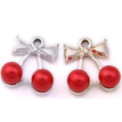 New Fruit Cherry Charms 13*15MM Silver Gold Tone Alloy Round Red Pearl Decorated DIY Jewelry Necklace Earring Floating Pendants