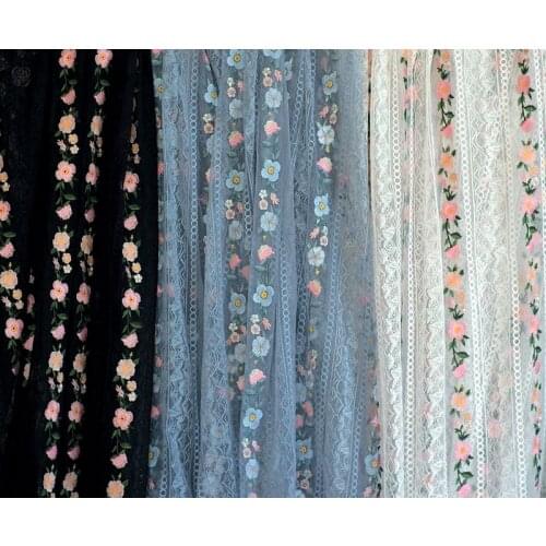 Full stripe embroidery color embroidery soft mesh lace fabric dress clothing fabric black and white blue