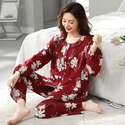 Plus Size 3XL Long Sleeve Cotton Pajama Sets for Women Spring Autumn Cardigan Print Sleepwear Homewear Pijama Mujer Home Clothes
