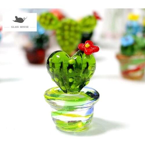 Handmade Heart-Shaped Murano Glass Cactus Figurines Desktop Craft Ornament Creative Colorful Cute Miniature Plant For Home Decor