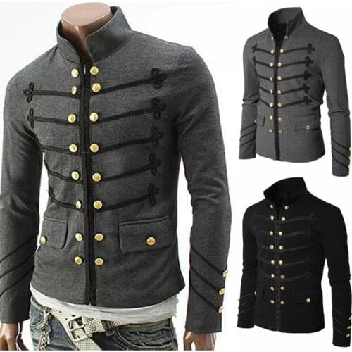 2019 Vintage Solid Men Gothic Jacket Steampunk Tunic Rock Frock Uniform Male Vintage Punk Costume Metal Military Coat Outwear