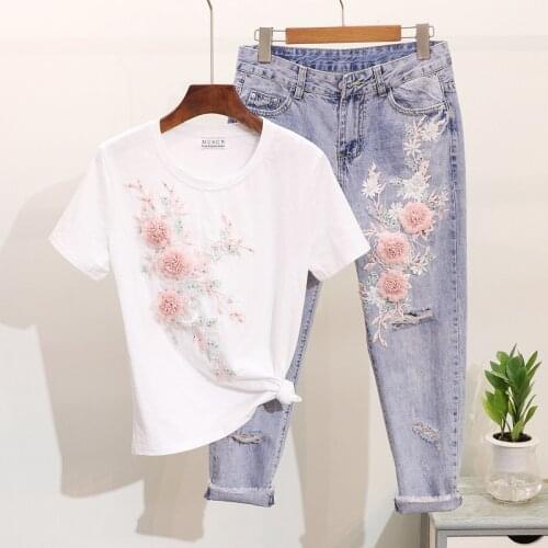 Amolapha Women Spring Summer 3D Flower Embroidery Cotton Tshirts+Holes Jeans Pants 2 Pieces Clothing Sets Suits