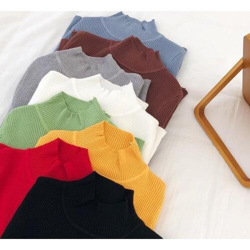 Women Slim Mock Neck Knitted Sweater Top Autumn Winter New 2021 Solid Casual Pullovers Candy Colors Stretchy Jumper Female Black