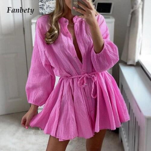 Women Elegant Commuting Button Stand Neck Mini Dress Fashion Solid Party Dress Autumn New Casual Long Sleeve Twist Belted Dress