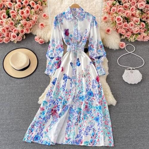 Amolapha Women Hot-Selling Court Style Vintage Slim Waist Vintage Long Sleeve Single Breasted Turn-Down Collar Big Swing Dress