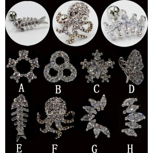 1 PC Cz Fish Butterfly Octopus Tiny Cartilage Earring Small Cartilage Stud Ear Helix Piercing Jewelry Tragus Conch Earring Stud