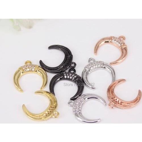 10pcs Small Size Metal Copper Micro Pave CZ Crescent pendant Beads,Cubic Zirconia Double Horn Pendant For Jewelry Making