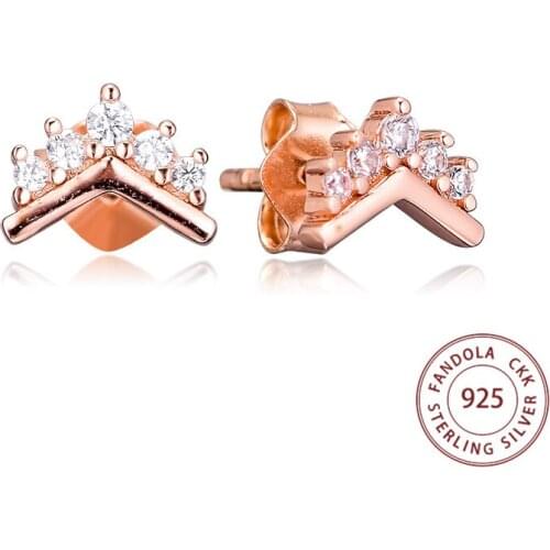 100% Real 925 Sterling Silver Earring Rose Tiara Wishbone Stud Earrings for Women Silver Earrings Fashion Jewelry pendientes
