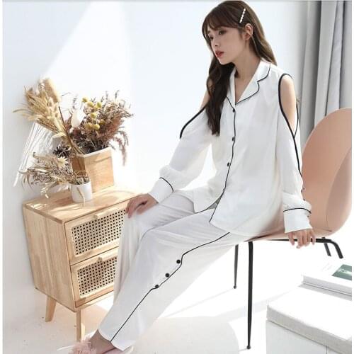 Davion pyjamas Summer new long sleeve ice silk off shoulder pajamas