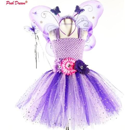 POSH DREAM Fairy Lavender Kids Girls Clothes for Cosplay Party with Wings Headwear Flower Baby Girls Thinker Bell Costume