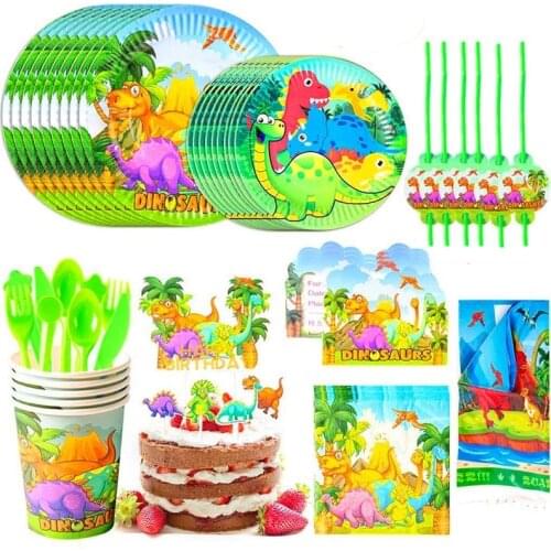 Dinosaur Disposable Tableware Party Jungle Animal Balloon Cup Children Happy Birthday Decoration Green Forest Banner Cake Flag