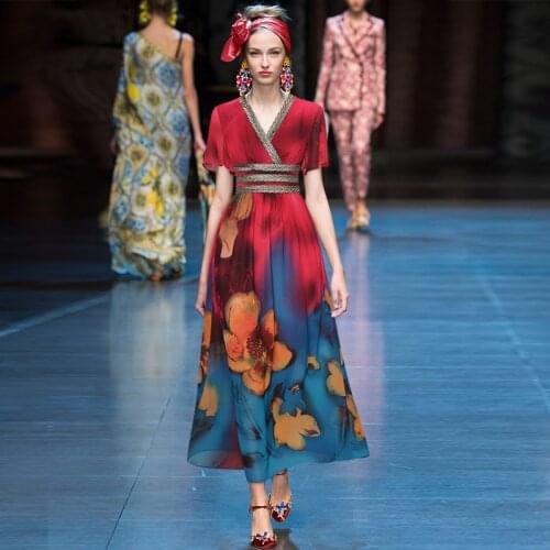 Runway 2021 V Neck Chiffon Printed Long Dress 210504MZ03