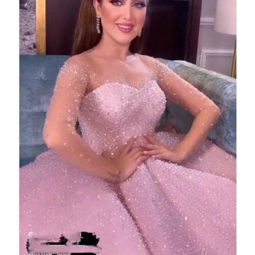 Pink prom dresses 2021 sheer crew neckline beading sequins crystal long sleeve ball gown sparkly long evening dresses