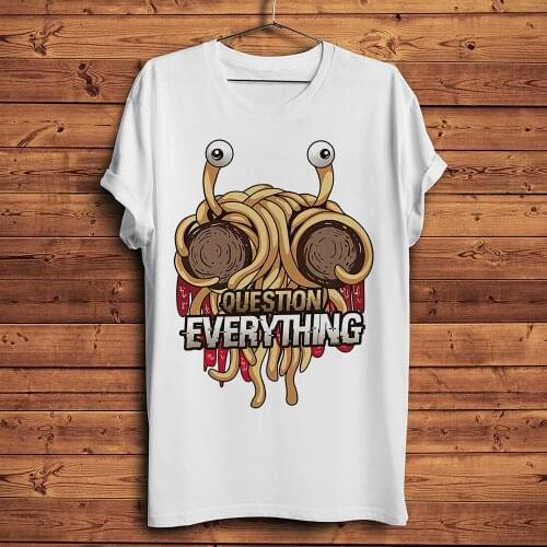 FSM Flying Spaghetti Monsterism Question Everything funny t shirt men new white casual homme cool hipster tshirt unisex gift