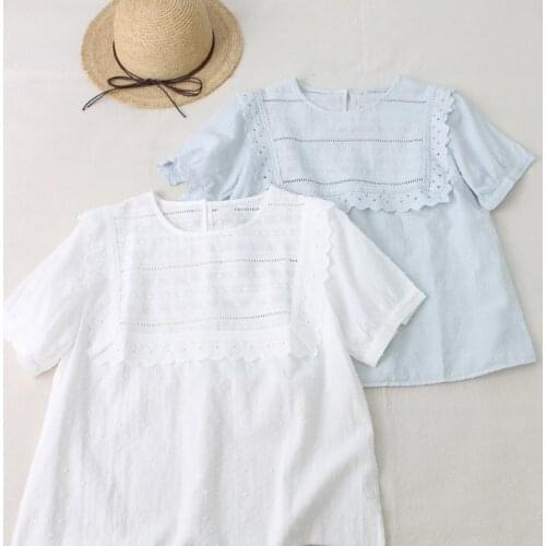 Lamtrip Unique Pleated Ruffles Patchwork Short Sleeve Cotton Dots Tee T-Shirt Women 2021 Summer