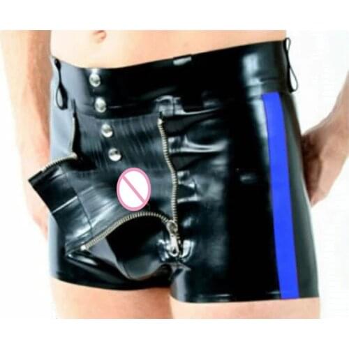 Handmade Rubber Boxer Fetish Latex Men Tight Shorts with Zipper Front Flat Codpiece Black with Blue Customized Size