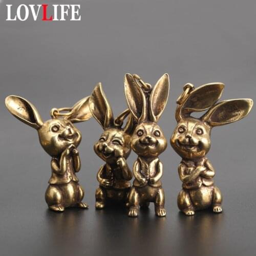 Copper Rabbit Small Keychain Pendants Solid Brass Rogue Rabbit Key Chains Hanging Ornament Metal Antique Animal Key Ring Holder