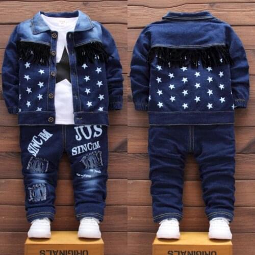Fashion denim suit baby boys clothes new baby leisure sports stars denim clothes suit baby warm coat+t-shirt+pants three-piece