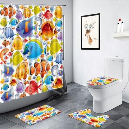 Cartoon Color Tropical Fish Shower Curtain Coral Ocean Animals Creative Children Bathroom Decor Rug Non-slip Toilet Bath Mat Set