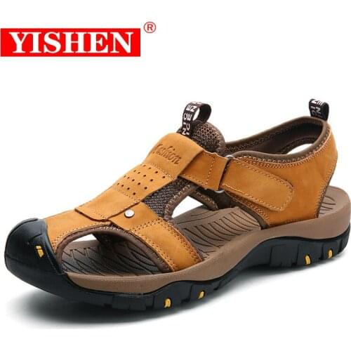 YISHEN Men Sandals Genuine Leather Men Shoes Summer Outdoor Beach Hiking Shoes Mens Sandals Sandals Slippers Big Size 38-48