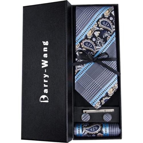 TS-1641 Barry.Wang Mens Tie Silk Necktie Hanky Cufflinks Sets With Gift Box Fashion Novelty Ties For Men Wedding Bueiness Party