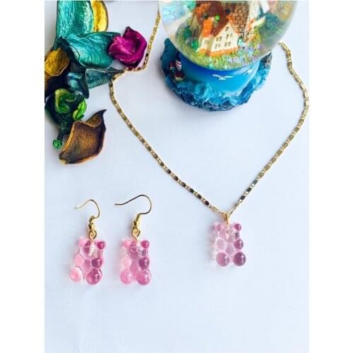 Sheer Pink Bear Necklace And Gold Plated Earrings Set