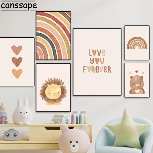 Boho Wall Art Canvas Painting Bear Lion Poster Rainbow Print Heart Posters Nordic Wall Paintings Baby Kid Bedroom Decoration