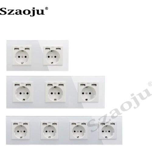 Szaoju wall socket German standard 16A crystal tempered glass panel socket Siamese power socket with USB charging AC110-250V
