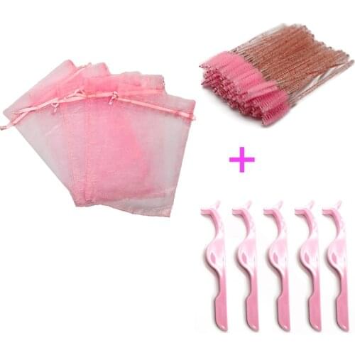 Newest 3 In 1 Eyelash Packaging Drawstring Organza Pouch Eyelash Tweezers and Lash Brushes and Eyelash Packaging Bag Wholesale