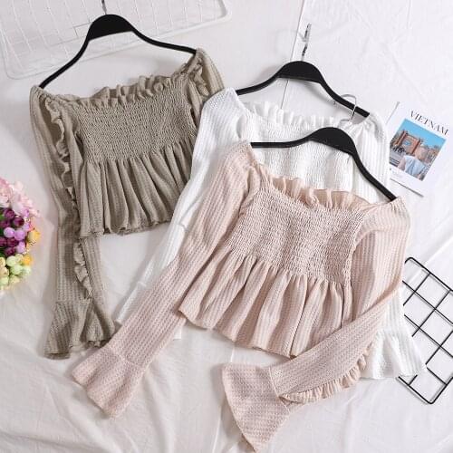 HISUMA Autumn Slash Neck Women Flare Sleeve Ruffles Pleated Shirt Lady Elastic Slim Waist Short Sexy Cotton Knitted Blouses Tops