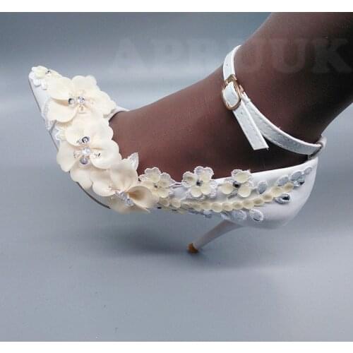 Sexy thin high heels champagne flower wedding shoes bride ankle buckle straps crystal stones bridal pumps shoe white champagne