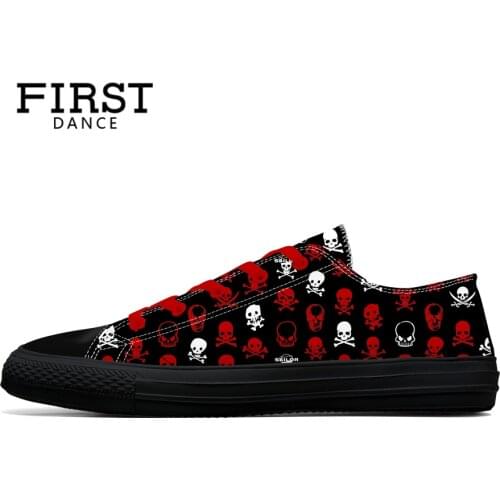 FIRST DANCE Mens Autumn Classic Canvas Shoes Fashion LightWeight Skull Printed Black Shoes Casual Man Hip Hop Shoes Flats Male