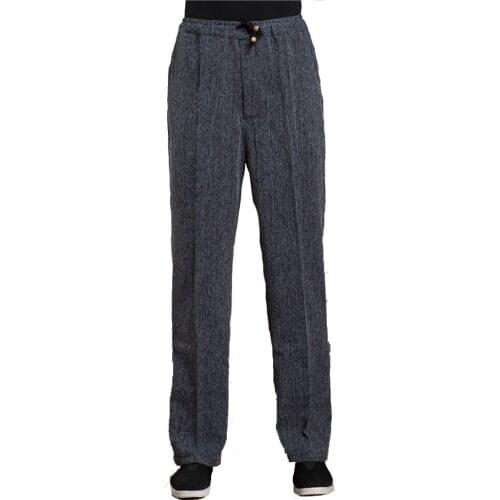 Spring Sutumn Mens Long Kung Fu Dark Gray Pant Cotton Linen Wu Shu Tai Chi Elastic Waist Trousers Chinese Style Trousers брюки
