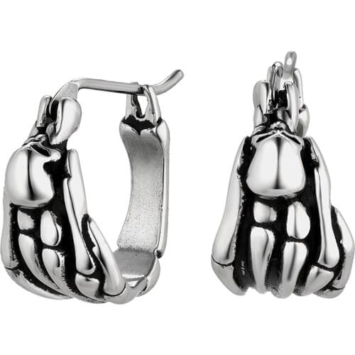 Boniskiss 1Pair Vintage SKull Finger Earrings for Women Men Stainless Steel Mens Earring Silver Color Punk Gothic Hoop Earring