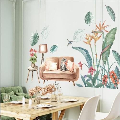 Green plant sofa cat decals modern living room decoration wall stickers environmental protection PVC home wall mural wallpaper