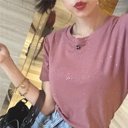 2021Summer Shiny Lurex Casual Short Sleeve T-shirt Women Solid Basic Cotton Tee Shirt Women Knitted Black White Korean Top Femme