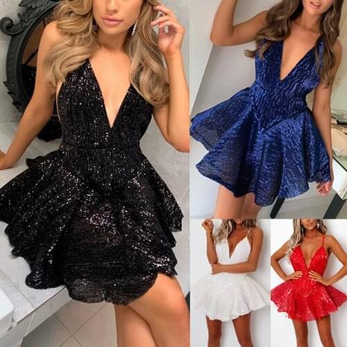 Women Sexy Deep V-neck Spaghetti Straps Backless Clubwear Dresses Ladies Sequins Mini Dress Ball Gown