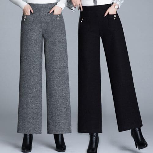 2021 Autumn Winter Women Thickened Woolen Pants Lady Casual Elastic High Waist Loose Pant Female Casual Wide Leg Trousers K508