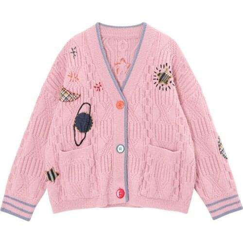 New women fashion v neck embroidery cardigan knitting sweater ladies long sleeve single breasted retro sweaters chic tops