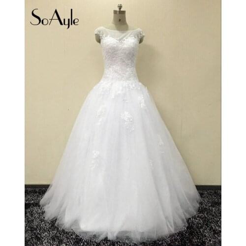 SoAyle Ball Gown Round Neck Lace Applique Beading Cap Sleeves Wedding Dresses 2016 Vestidos De Novia Robe De Mariage