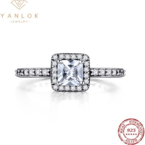 YANLOK Real 925 Sterling Silver Dazzling Square Cubic Zirconia Finger Ring Vintage Elegant Rings For Women Wedding Jewelry Anel
