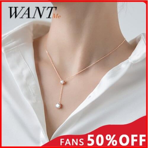 WANTME Genuine 925 Sterling Silver Minimalist Round Zircon Y Shape Link Chain Charm Necklace for Women Chic Wedding Jewelry Gift