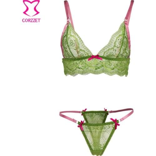 Green See Through Lace With Bows Cute Bra And Panty Sets Sexy Underwear Women Erotic Lingerie Set Plus Size Lenceria Erotica XXL
