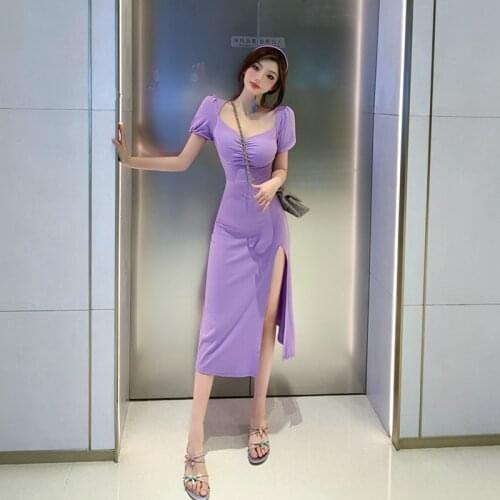 ZB4463 2020 new summer women fashion temperament sexy elegant V collar show thin pure color split dress cheap wholesale