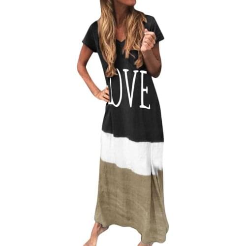 Women Dresses Casual Short Sleeve V Neck Color Block LOVE Print Loose Beach Long Dress Womens Clothing 2021