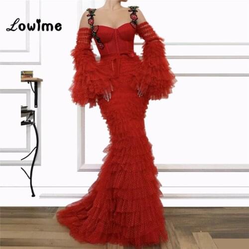 Embroidery Sexy Mermaid Evening Dresses 2019 New Tiered Muslim Arabic Formal Prom Dress Robe De Soiree Custom Made Party Gowns