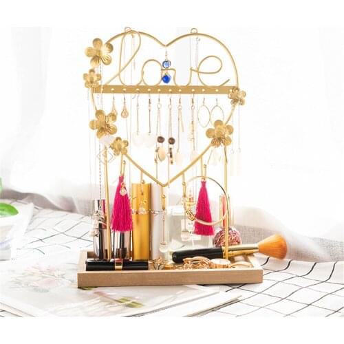 Golden Metal Heart Shaped Earring Organizer Jewelry Holder Stand Ear Stud Display Rack Rustic Tray for Bracelet Necklace Ring